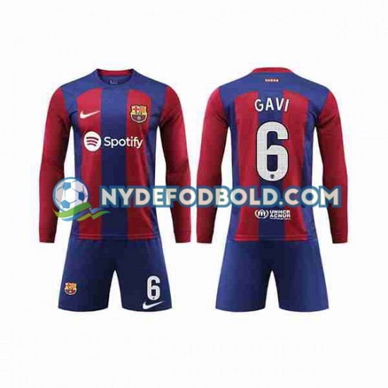 Hjemmebane Trøje FC Barcelona GAVI 6 2023-2024 L/Æ Børn(+Shorts)