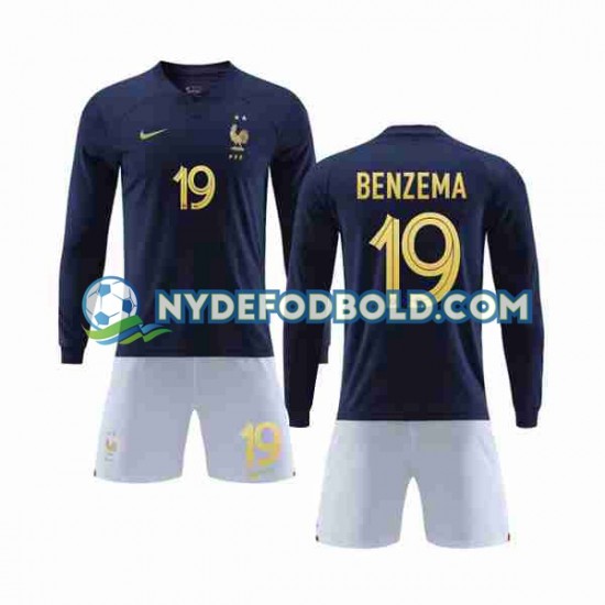 Hjemmebane Trøje Frankrig Benzema 19 World Cup 2022 L/Æ Børn(+Shorts)